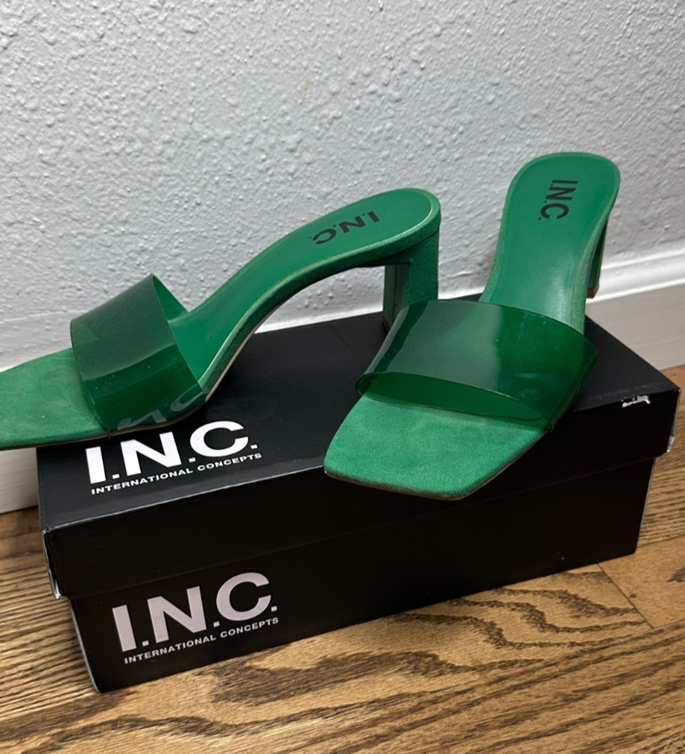 INC Womens Green Beyla Square Toe Block Heeled Sandal 6.5 M